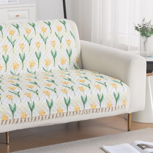 Image of HOKIPO Tulip Blossom Quilted Sofa Cover for 2 Seater with Tassels for Seat & Back, 'Tassel Twigs' Series (IN-990-T4)