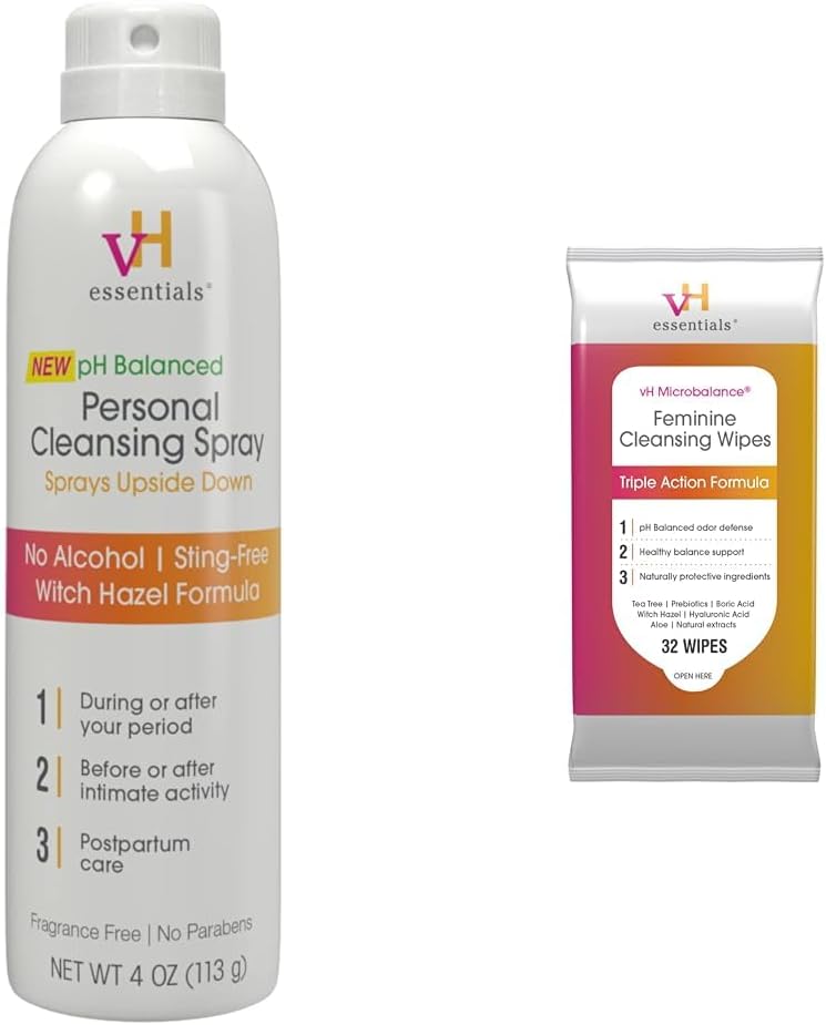 Personal Cleansing Spray and pH Balanced Feminine Cleansing Wipes with Prebiotics, Tea Tree & Aloe for Vaginal and Perianal Care