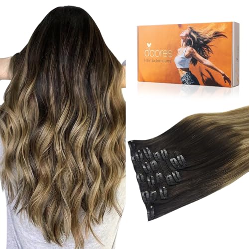Image of DOORES Balayage Hair Extensions Clip in Dark Brown Fading to Chestnut Brown and Dirty Blonde Natural Clip in Human Hair Extensions Straight Thick 24 Inch 120g 7pcs