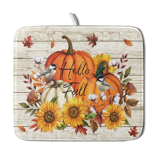 Tapis d'égouttage automnal Hello Fall motif citrouille 16"x18" microfibre