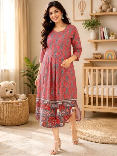 Image of RITIJYA Zipless Feeding Kurta Dress for Women | Maternity Nursing Kurti, No-Zip Easy Access | Extra Pleats Pre to Post Pregnancy | Quick-Dry Fabric | S-4XL