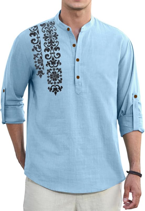Image of Macsivo Cotton Blend Solid Casual Short Kurta for Men Long Sleeve Mandarin Collar Stylish Shirt Kurta for Men