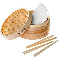 Cestello per Cottura a Vapore con 2 Piani e Coperchio – Cestello Bambù 25cm – Vaporiera Bambu, Pentola per Cottura Vapore con 2 Paia Bacchette, 1 Pinza, 50 Fogli di Cera – BlauKe®
