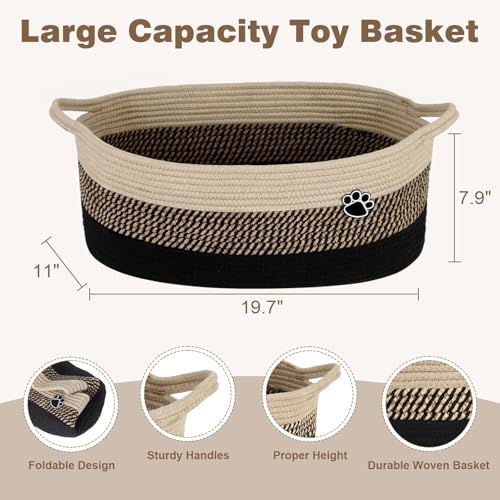 Image of Optish Dog Toy Basket, 30L Toy Box and Bin for Dog Cat Storage, 19.7 inch X 11 inch X 7.9 inch Large Woven Rope Basket for Blanket Storage, Living Room, Bedroom, Black & Brown