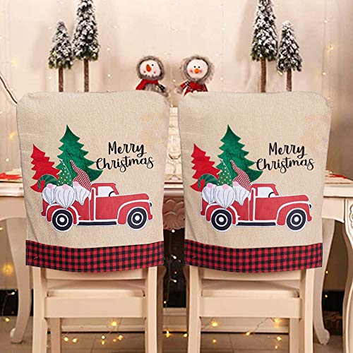 ATMOMO Christmas Chair Covers Linen Chair Back Covers Xmas Dining Chair Slipcovers for Christmas Kitchen Dining Room Chairs 2 pcs， Retro Truck