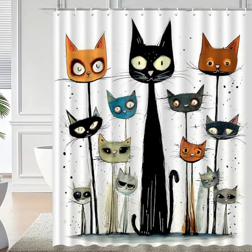 CALMDR Funny Cat Shower Curtain Sets, Cute Shower Curtain for Kids,Washable Durable Fabric, Shower Curtain 72X72inches-Includes 12 Hooks