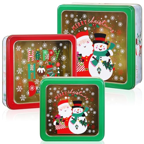 Zhehao 3 Pcs Christmas Cookie Tins with Lids for Gift Giving 3 Sizes Snowman Square Shape Candy Boxes for Gift Giving Tinplate Decorative Metal Cookie Container for Storage Xmas Holiday Party Favor