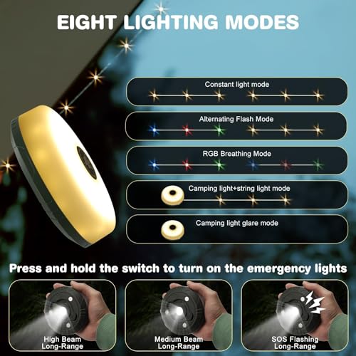 Image of BONZELLA Outdoor String Lights for Decoration 32.8FT,2 in 1 Rechargeable Camping String Light & LED Flashlight Torch with 8 Lighting Mode for Hiking,Tent, Portable USB Camping Lantern with Powerbank