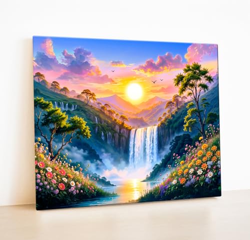 Image of ArtX Canvas Rising Sun Painting For Vastu, Big Size Wall Art Scenery, Water Stream, Waterfall Painting Vastu, Multicolor, Nature, 58.0 X 45.0 cm, Set of 1