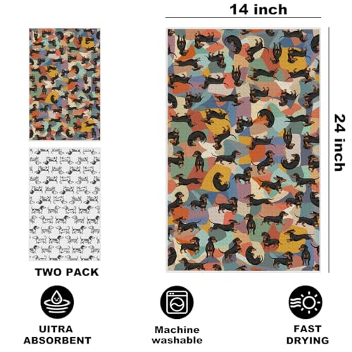 Image of 2 Pcs Cute Dachshund Kitchen Towels 24x14 Inch, Dachshund Gifts Reusable Dish Towels for Kitchen Bathroom Decor, Waffle Weave Absorbent Tea Towel, Cute Weiner Dog Gifts for Women Mom Friend