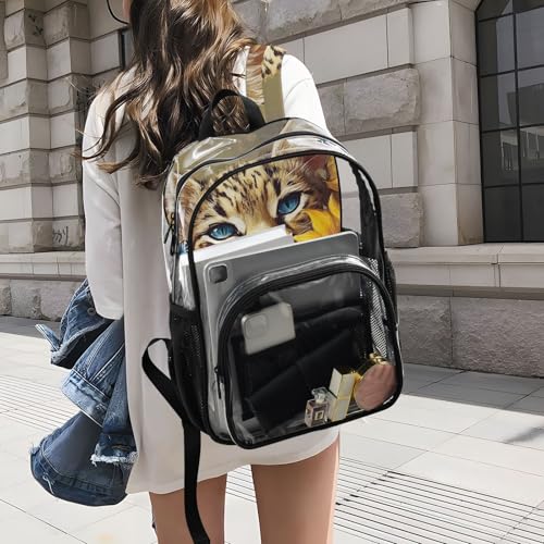 Leopard Cat Sunflower Cute Clear Backpack, PVC Transparent Bag with Large Capacity for Boys, Girls, Men, Women, See Through Bookbag for School Work College Travel4