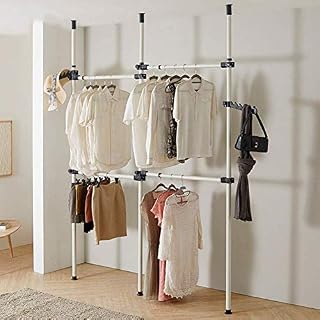 Telescopic Clothes Rack 3 Poles 4 Bars Heavy Duty Clothes Rail for Bedroom, Telescopic Wardrobe Organiser 281-329 cm Adjustable Height Clothes Hanging Rail Storage System with 2 Hooks