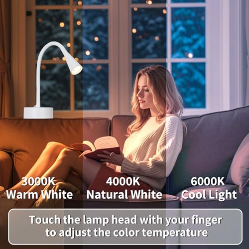 Image of White Headboard Reading Light, No Drilling Wall Mounted Reading Lights for Bedside, Book Light for Bedtime Reading, Buttonless Dimmable Reading Lamp, Movable Gooseneck Reading Sconces for Bedroom