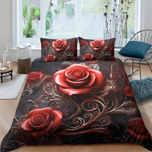Housse de couette rose rouge 3D IOFEER parure de lit microfibre 220x240cm