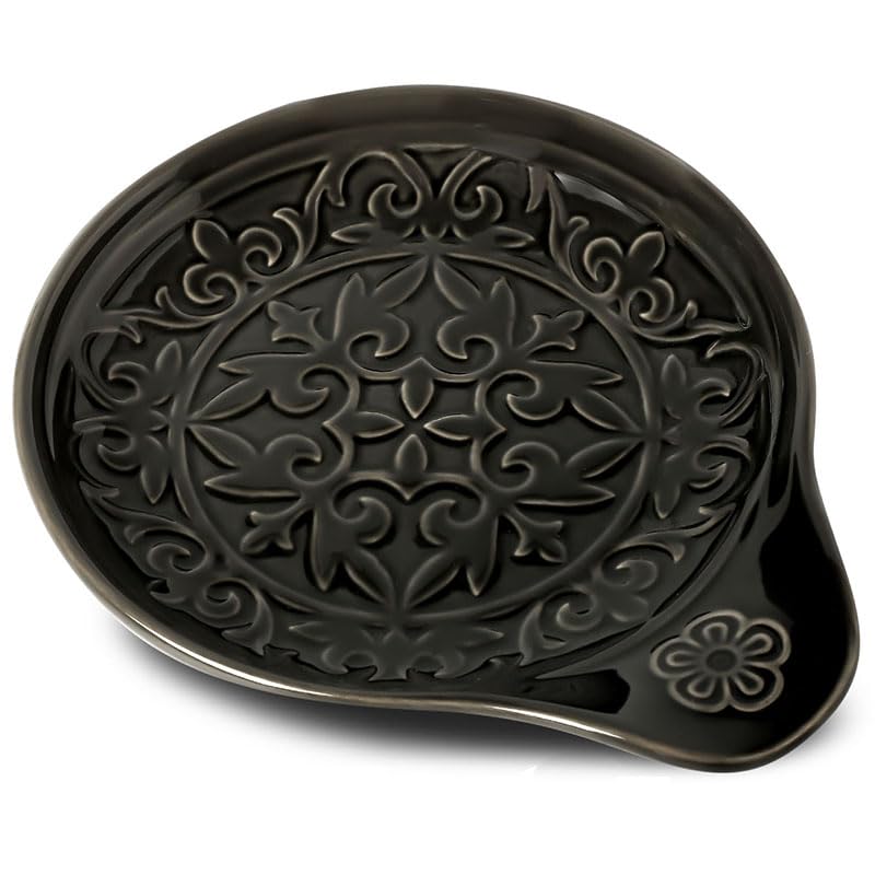 Image of Farmhouse Ceramic Spoon Rests Holder for Kitchen Counter Stove Top (Black-A4)