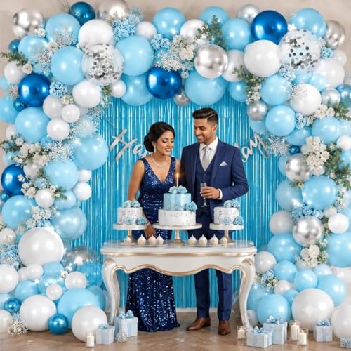 Image of Party Propz Pastel Blue Birthday Decoration Kit - 53 Pcs White, Blue and Silver Birthday Decoration Kit for Boys, Girls, Metallic Shiny Balloon Arch, Pastel Fringe Curtain, Birthday Banner (Cardstock)