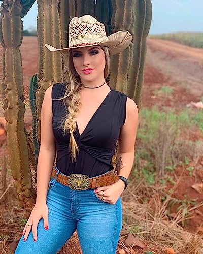 UTOWO Western PU-Leather Cowboy Buckle Belt for Men and Women Jeans Engraved Floral Longhorn Bull Buckle Belt (25-38" waist)2