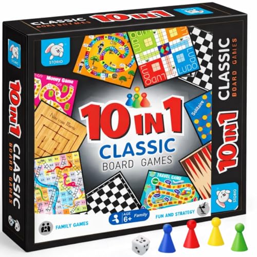 Image of Storio 10-in-1 Classic Board Games for Kids 5+ Years | Chess, Ludo, Snakes & Ladders, Checkers, Backgammon & More | Family Board Game Set with Dice & Pawns | Educational Indoor Game for Boys & Girls