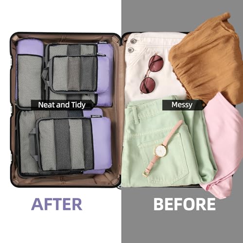 Image of BAGAIL 4 Set /6 Set /8 Set Compression Packing Cubes Travel Accessories Expandable Packing Organizers (Half Mesh, 6-Lavender)