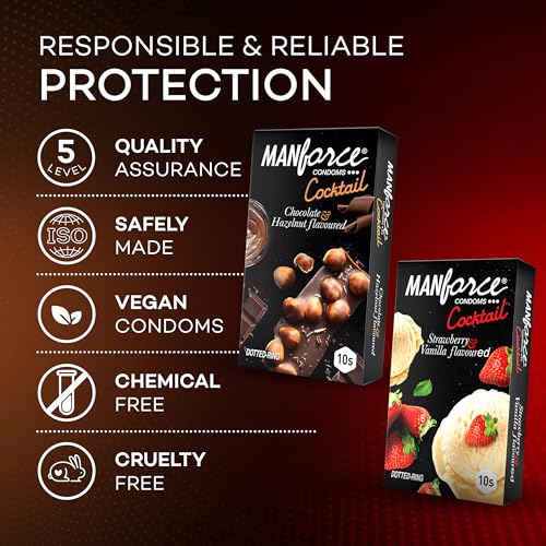 Manforce Cocktail Combo Flavoured Condoms for Men| 10 Count (Pack of 2)| Strawberry-Vanilla & Chocolate-Hazelnut| Extra Dotted - Image 5