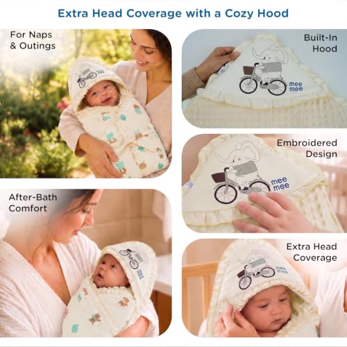 Image of Mee Mee 3-in-1 Baby Wrapper & Carry Nest for Newborns | Soft Breathable Cotton Swaddle with Hood and Cushion | Adjustable Tie-Up Design | Lightweight, Cozy & Easy to Carry (0-6 Months) (Beige)