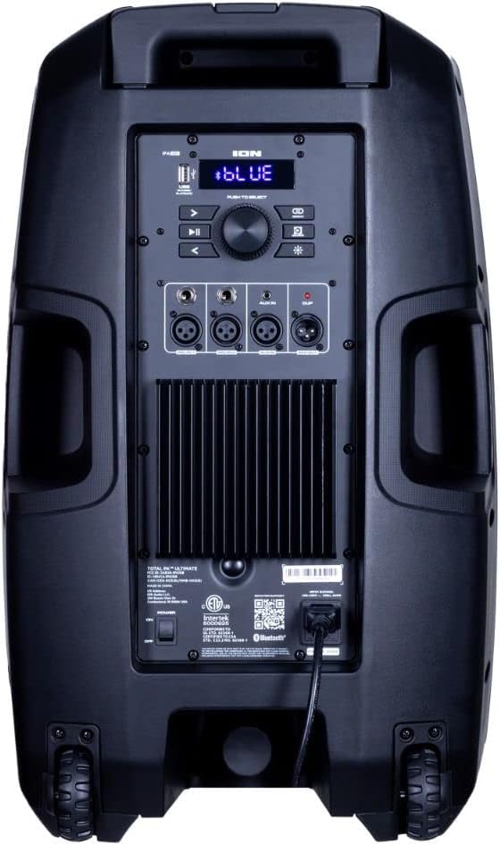 Rear panel of the ION Audio PA Ultimate speaker showing power input, controls, and audio connections