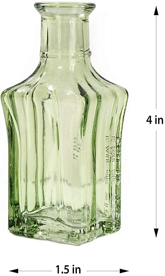 Serene Spaces Living Mini Green Glass EAU de Vie Square Bud Vase, Centerpiece for Wedding Reception, Mini Flower Vases for Home Decor, Vintage Bottle Style Vase, Pack of 6