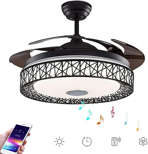 Ventilador de techo retráctil Bluetooth de 42 pulgadas con luz y control remoto, luz LED de 3 colores, cuchillas retráctiles de 3 velocidades,
