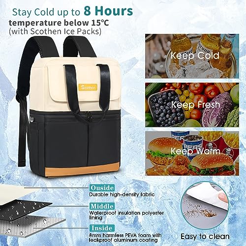 Image of Scothen Backpack Cooler with Double Decker & 12 Ice Packs- Keeps 36 Cans Cold for Up to 24 Hours- Waterproof & Leak Proof Insulated Cooler Backpack- Stylish Cooler Bookbag for Women Travel Work Beach