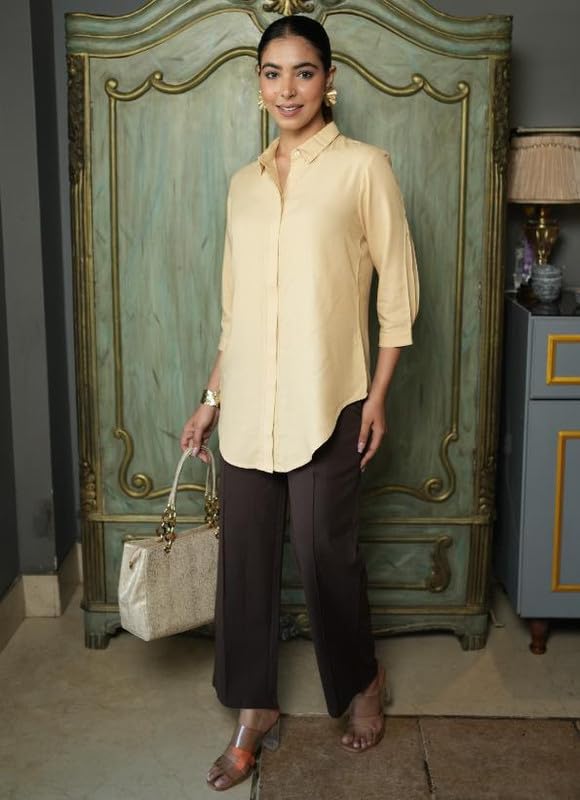 Image of Mlada Hemline Solid Shirts for Women | 3 /4 Sleeves Classic Rayon Shirt for Office Wear | Collared Neck Shirt for Girls | Regular Fit Shirts | Smart Formal Button Down Shirt for Women