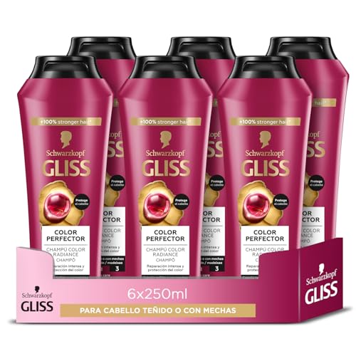 Schwarzkopf Gliss Color Perfector Shampoo Ravviva Colore, 6 confezioni da 250ml, Shampoo capelli colorati con Complesso Ialuronico+Estratto di Mirtillo Rosso, Prodotti per capelli colorati e schiariti