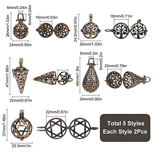 SUNNYCLUE 10Pcs Brass Locket Charms Cage Pendants Chime Ball Pendant Bulk Tree of Life Stone Holder Necklace Cage Locket Charms for Jewellery Making Hollow Empty Hexagram Charm Keychain Supplies Craft - Image 2