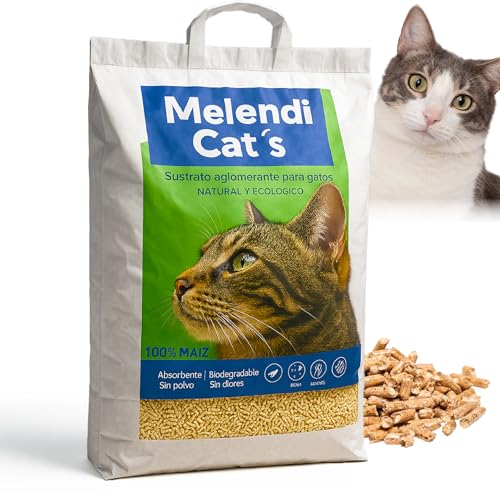 Melendi Cat´s Arena de Aglomerante de Gatos 100% de Maíz en Formato Pellet 8KG - Biodegradable, Libre de Polvo, Máxima Absorción y Control de Olores sin químicos. 17,5L
