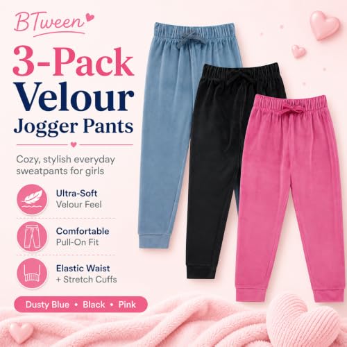 Image of BTween Girls 3 Pack Velour Jogger Pant Set Solid, Tie Dye or Camo Sweatpants for Girls