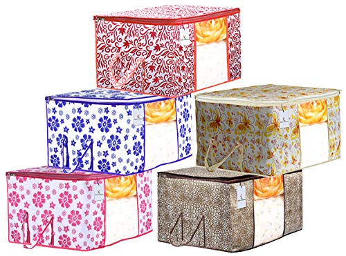 Image of Kuber Industries Flower & Leaf Printed 5 Piece Non Woven Fabric Underbed Storage Bag,Cloth Organiser,Blanket Cover with Transparent Window, Pink & Blue & Ivory Red & Golden Brown & Red -CTKTC41128