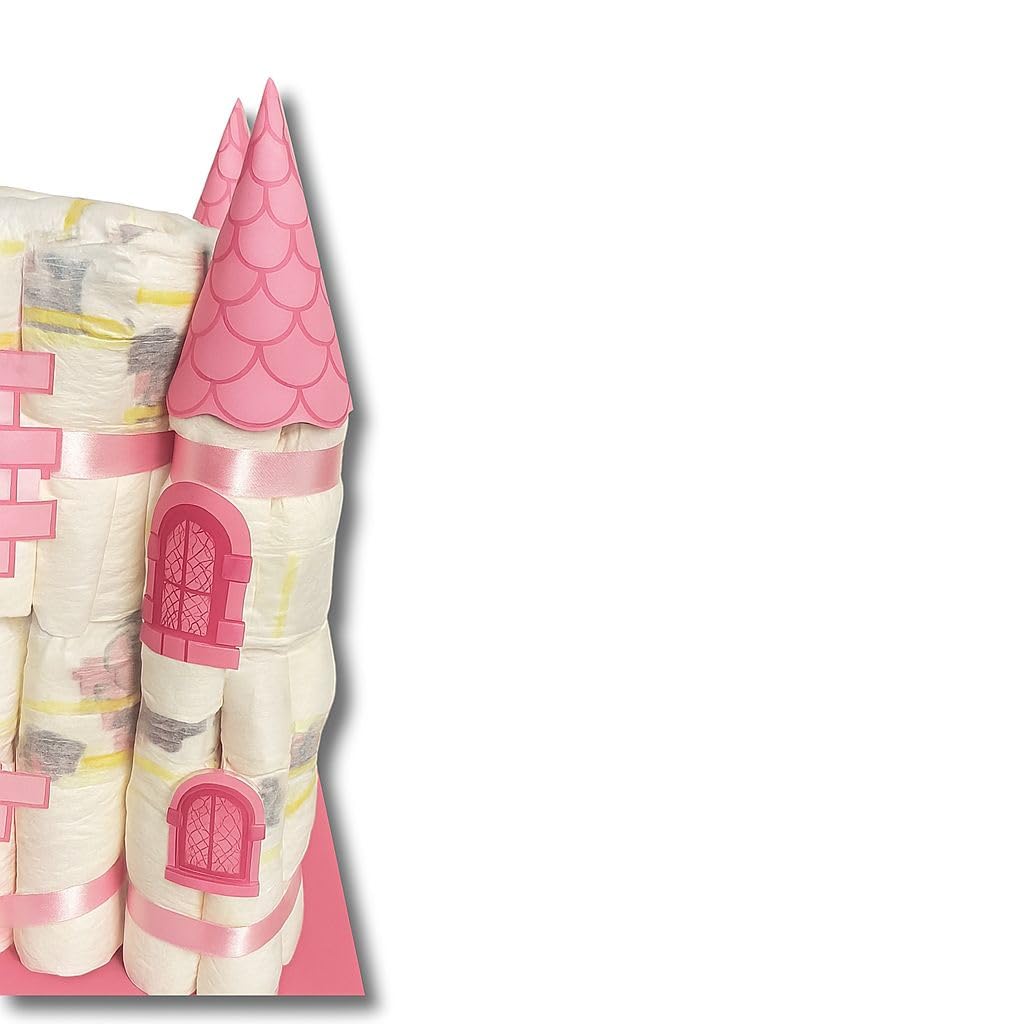 CASTILLO DE PAÑALES con 170 pañales - Regalos para recién nacido - Baby shower - Regalo para bebés - Regalos con pañales - TARTAS DE PAÑALES Y MÁS (ROSA)
