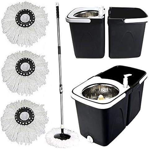 Gr8 Home Black Space Saving 360° Dual Duo Floor Spin Mop Dispenser Bucket Set Spinning Rotating with 3 Cleaning Dry Heads Cover