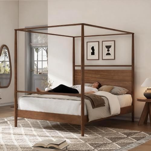 Queen Size Canopy Bed Frame with Headboard, Four-Poster Wood Platform