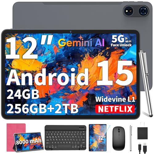 Image of 2025 12 Inch Tablet, Android 15 Tablets with Keyboard, 24GB+256GB+2TB Expand, 2K Display, Tablet PC with 5G WiFi, Octa-Core, 8000mAh, BT5.0, GMS, GPS, 2 in 1 Tablets with Case, Mouse, Stylus(Pink)