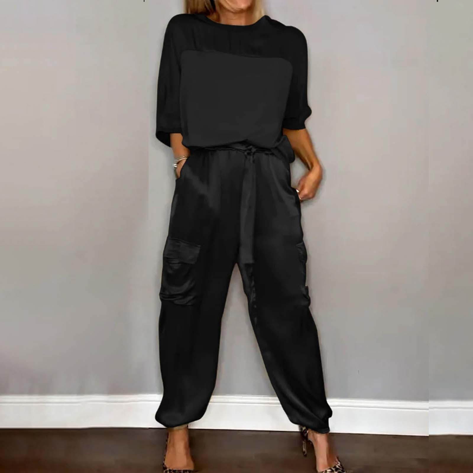 Ensemble Haut et Pantalon en Satin Lisse pour Femme, Tenue décontractée en Satin 2 pièces, Jogging à Manches Courtes, Ensemble Femme Chic et Elegant, Ensemble Jogging Femme