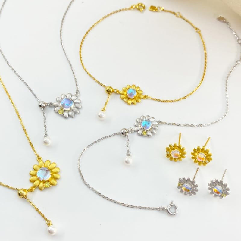 14K Gold Sunflower Bracelet, Moonstone and Pearl with Moissanite Accents Bracelet, Ideal Gift for Her - Image 6