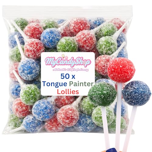 Tongue Painter Lollies - 50 Blue Raspberry Lollipops Red & Green - Individually Wrapped Red Green & Blue Lollies Sour Sweets - Halal sour lollipops - Childrens party sweets - Fun Novelty lolly pops