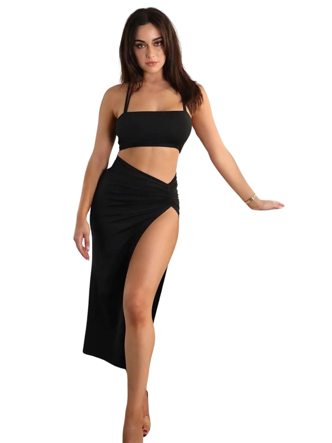 GRECIILOOKS Western Dress for Women Stylish | Black Two-Piece Sleeveless Crop Top and High Slit Skirt | Club & Night Out Dress | Skirt Bodycon Dress for Women