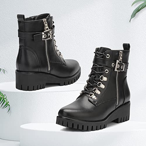 Centropoint Women's Fashion Wedge Ankle Boots Side Zipper Lace-Up Combat Booties Round Toe Platform Shoes(Black Pu, Numeric_6) #TOP6
