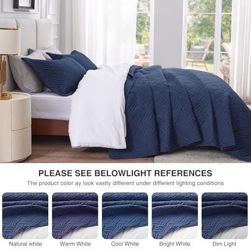 Love's cabin California King Size Quilt Bedding Set Navy Bedspread - Cal King Summer Lightweight Bedspread Comforter - Wave Pattern Coverlet for All Season - 3 Pieces (1 Quilt, 2 Pillow Shams)