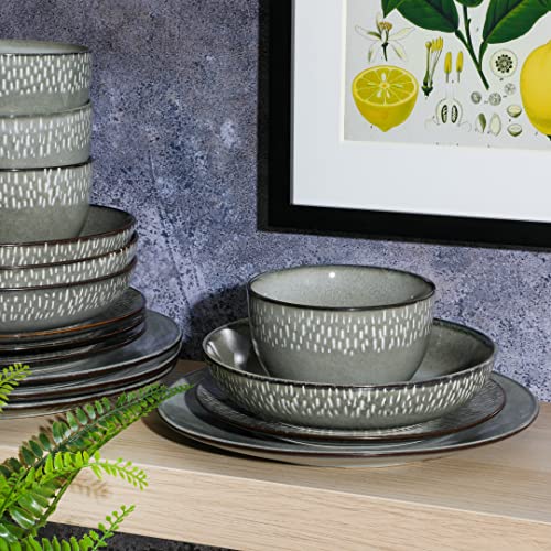 Image of Gibson Elite Matisse 16-Piece Double Bowl Dinnerware Set, Service for 4 - Green Stoneware Plates and Bowls