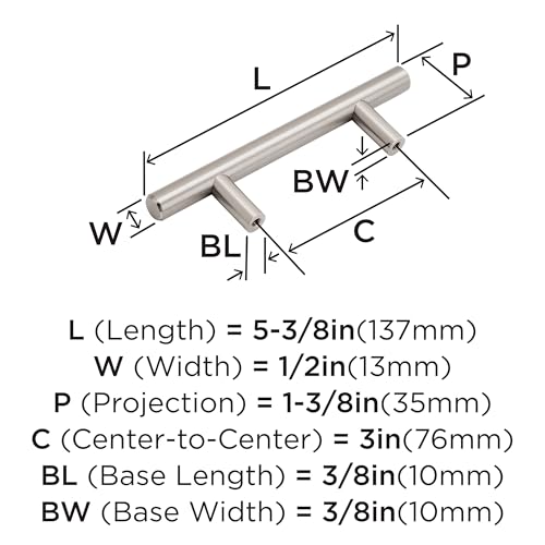 Image of Amerock 10 Pack 3 inch Bar Pulls Satin Nickel Drawer Pull | 3 inch (76mm) Center-to-Center Mounting Distance and 5-3 /8 inches Overall Length, Durable Carbon Steel Cabinet Hardware