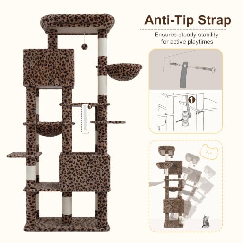 Image of Heybly Cat Tree, 76-Inch Tall Heavy Duty Cat Tower for Big Cats HCT039BW | Multi-Level Large Cat Furniture with Extra Wide Baseboard, 2 Condos & 2 Hammocks, 10 Scratching Posts, Leopard Print
