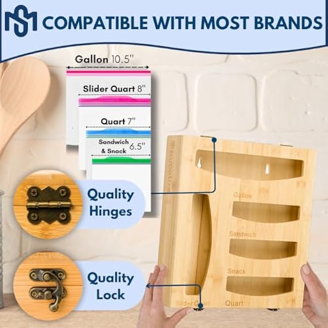 Storage Bag Holder, Baggie Organizer for Drawer or Wall Mount, Compatible with Gallon, Quart, Sandwich, Snack Size Bags, 1 Box 5 Slots, Bamboo Drawer Organizer, Baggie Holder