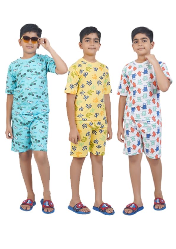 Image of T2F Boys Cotton Printed DropShoulder Fit T-Shirt and Shorts Clothing Set (Pack of 3)